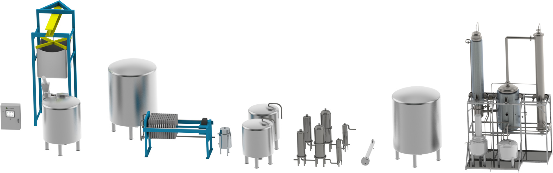 Example of turnkey equipment lined up. with bulk material handler, mixing tank, filter press, winterization filter, storage tanks and distillation machine