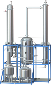 Steel Falling Film System with Steam Heated Evaporator and Tangential inlet Separator tank and glycol cooled condenser column on a skid movable frame